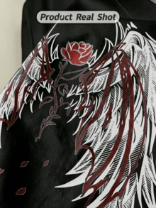 Women's Summer Casual Soft Round Neck Short Sleeve T-Shirt,Rose Wings Print Graphic Suitable For Casual Spring And Summer Wear. - Negro - Ver 3