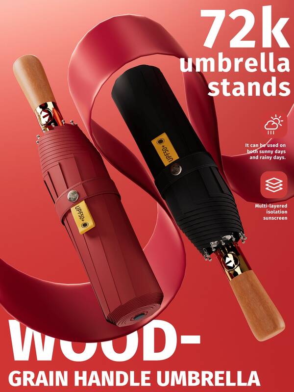 Leichter Luxus automatischer Holzgriff Dreifach-Automatik kompakter faltbarer Regenschirm mit UV-Schutz & 12 Streben, Regen- und Tau-Mehrzweck-Regenschirm, tragbares wasserdichtes Regenoutfit für Outdoor-Aktivitäten von Männern und Frauen, UV-beständiger Sonnenschirm Faltregenschirm