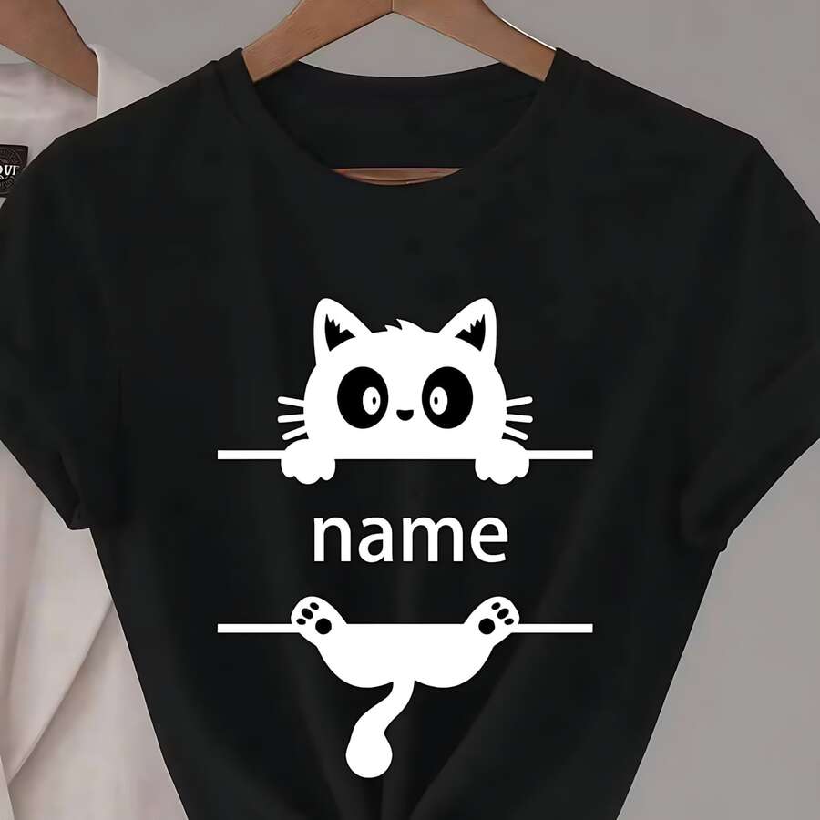 Customizable T-Shirt With A Cute Black Cat - Black - View 1