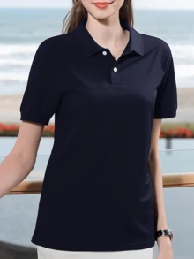 女款大尺碼經典 Polo 衫 素色短袖修身休閒日常基本款 T-shirt 上衣 運動夏季 - 藏蓝色 - 查看 1