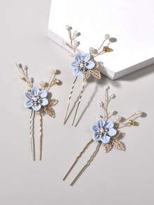 3pcs/Set Bridal Wedding Crystal Pearl Flower Alloy Leaf Hair Clip Set - Baby Blue - View 5