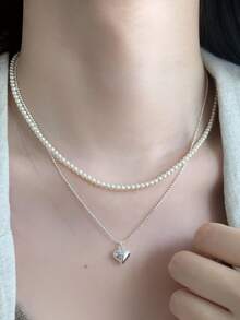 1組雙層愛心造型仿珍珠項鍊，金屬愛心吊墜頸鍊，新娘時尚飾品，婚禮週年紀念禮物 - 彩色 - 查看 2