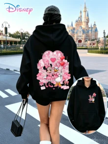 This Y2K Black Hoodie Features A Disney Minnie Mouse Heart-Shaped Ferris Wheel Castle Balloon Print, Perfect For Valentine's Day. The Loose Fit Is Youthful And Flattering, Making It Ideal For Dates, Outings, And Amusement Park Photos. It Exudes A Festive Atmosphere. (Women's Autumn/Winter Clothing/Elegant Women's Outfits/Patterned Hoodies/Printed Tops/Casual Outfits For Women/Women Trending Now/Holiday Co-Ord/Plus Size Friendly) - màu đen - Xem 1