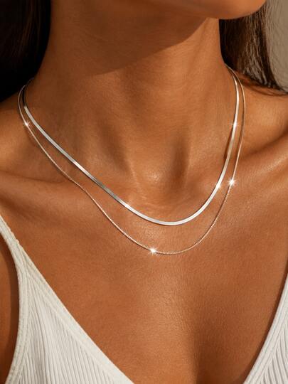 FOREVER QUEEN 1 chiếc dây chuyền hai lớp bằng bạc Sterling 925, kiểu mắt xích rắn và mắt xích hộp, trang sức thời trang, quà tặng cho phụ nữ và bé gái.