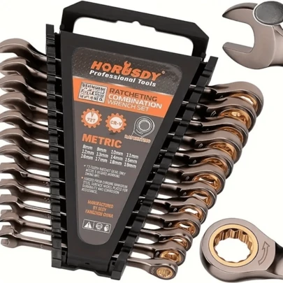 12 Peças Conjunto de Chaves de Ranhura Métricas, Chave Combinada com Catraca de 8-19mm com Organizador, Aço Cromo Vanádio com 72 Dentes