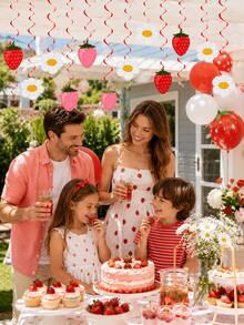 24pcs/2set-Strawberry Daisy Baby Shower Hanging Spiral Decoration, Berry Sweet One Year Old Theme Garland Set, Sweet Girl Newborn Baby Baptism Ceremony 1st Birthday Party Supplies, Red Pink Fruit Baby Wall Hanging Decoration, Strawberry Theme Party Decoration, Summer Theme Baby Shower Garland - Multicolor - View 3