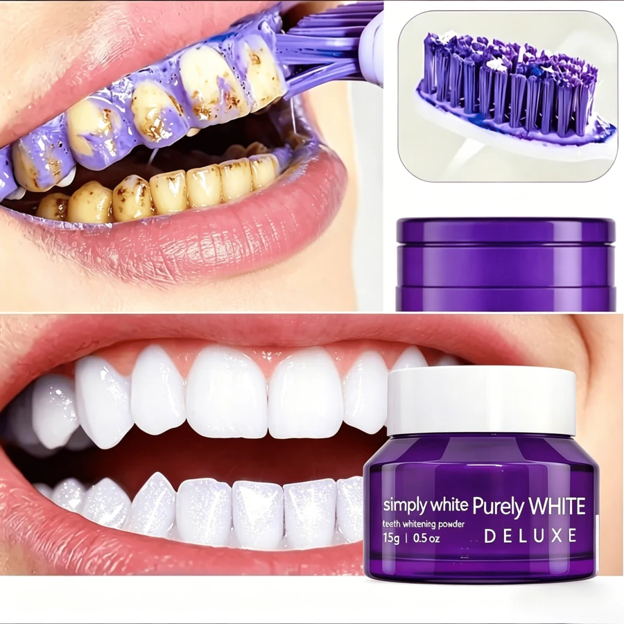 PurelyWHITE DELUXE Simply Purple Brightening Powder, Enamel No Sensitivity Toothpaste Whitening Powder, Conceals Stains From Coffee, Tea, Food, Wine And Tobacco, V34 Purple Toothpowder Teeth Cleaning Powder, Teeth Whitening Kit Deeply Moisturizes Hydrates Skin With Long Lasting Brightness, Enhanced Elasticity Vitality Boosting Formula For Radiant Smile - 藍色 - 查看 1