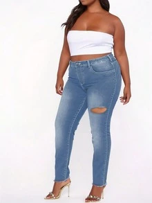 Women's Y2K Casual Skinny Oversized Jeans With Ripped Decorations, Suitable For All Seasons, Perfect For Daily Outings, Parties, And Dating. - 藍色 - 查看 3