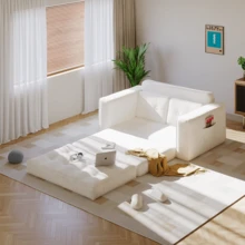 2-Seater Corduroy Modular Foam Sofa Bed, 143x92x61 Cm, Convertible Sleeper Sofa With 2 Cushions, Vacuum Packed - Beige - View 9