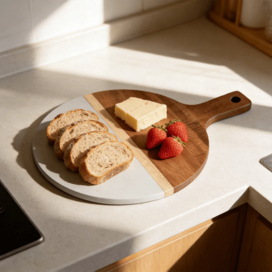 Bộ 2 trong 1 cao cấp gồm thớt và đá cẩm thạch, khay đựng thức ăn có tay cầm, đĩa ăn nhẹ tròn, thớt cắt bánh mì và đế lót ly trà. - Nhiều màu - Xem 1