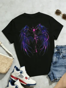 Women's Summer Casual Soft Round Neck Short Sleeve T-Shirt,Pink Lightning Wings Print Graphic Suitable For Spring And Summer Wear. - Negro - Ver 5
