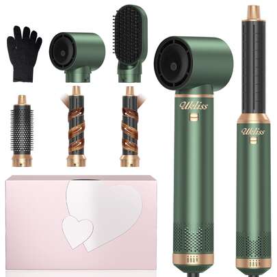 UKLISS 5-In-1 Professional Hot Air Brush - Detachable Hair Dryer And Auto Curler | Curling/Straightening Function | Portable Travel Gift Set, Suitable For All Hair Types (Fine/Coarse/Curly/Straight) | Ideal Gift For Her (Valentine's Day, Epiphany, St. Patrick's Day) (Platinum/Black Gold/Blue Gold/Pink Gold/Green Gold)