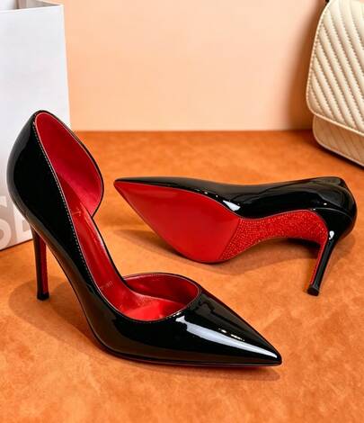 Zapatos De Mujer Tacones Finos De Charol Negro, Diseño Puntiagudo Con Suela Roja De Diamantes, Perfectos Para Noches De Fiesta, Citas Y Eventos Elegantes, Tacones Altos Que Elevan Tu Estilo Para Mujeres Modernas
