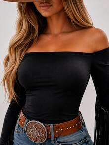 Women's Western Cowgirl Off-Shoulder Fringe Top, Sexy Slim Fit Long Sleeve, Soft Breathable Vintage For Festival Party & Daily Casual Wear - 黑色 - 查看 8