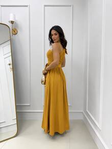 Women's Long Dress With Thin Straps And Bow, Elegant, Chic Party, Wedding, Graduation, Modest Fashion, Padded Bra, Size 3. - 芥末黃 - 查看 2