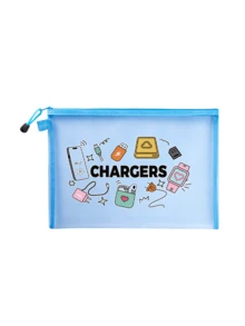 印有「Charger」字樣的網格化妝包，便攜式收納袋，多功能收納袋，化妝包，護膚品袋，旅行必需品，宿舍用品，珠寶收納，口紅和化妝品收納袋。適合商務人士和旅行者，實用便攜式收納袋，完美用於存放旅行、辦公室和居家數位配件，推薦作為節日和生日禮物 - 彩色 - 查看 18