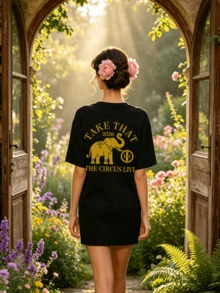 Women's Summer Casual Soft Round Neck Short Sleeve T-Shirt,The Circus Live Elephant Print Graphic Suitable For Casual Spring And Summer Wear. - Negro - Ver 2