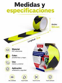 Cinta reflectante de advertencia amarilla y negra de alto brillo, 50 mm x 5 m, impermeable y resistente al desgaste. Cinta de señalización de  práctica. Ideal para propietarios de automóviles, trabajadores de almacenes, personal de administración de propiedades y demás. Cinta autoadhesiva resistente para usar en garajes, escaleras, almacenes, estacionamientos y otras áreas peligrosas. Material de señalización de . - cinta reflectante - Ver 2