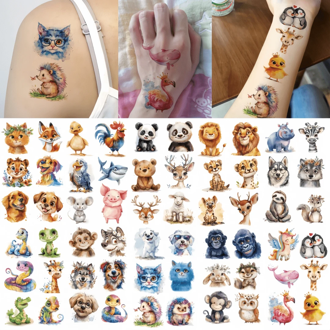 10pcs Watercolor Cute Animal Temporary Tattoo Stickers Lion Python Monkey Hedgehog Hummingbird Multi- Combination Jungle Forest Animal Pattern Birthday Party Small Gift - Multicolor - View 1