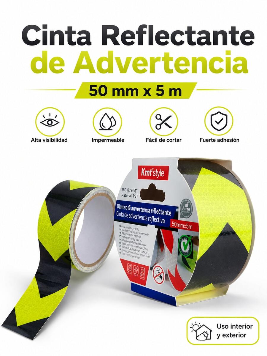 Cinta reflectante de advertencia amarilla y negra de alto brillo, 50 mm x 5 m, impermeable y resistente al desgaste. Cinta de señalización de  práctica. Ideal para propietarios de automóviles, trabajadores de almacenes, personal de administración de propiedades y demás. Cinta autoadhesiva resistente para usar en garajes, escaleras, almacenes, estacionamientos y otras áreas peligrosas. Material de señalización de . - cinta reflectante - Ver 1