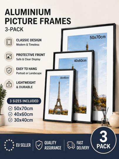3pcs Black Aluminum Picture Frames 30x40, 40x50, 50x70cm with Plexiglass and Mat, Thin Metal Frames for Poster, Photo, Art Print, Wall Mount or Table Display, Home Office Living Room, EU Shipping