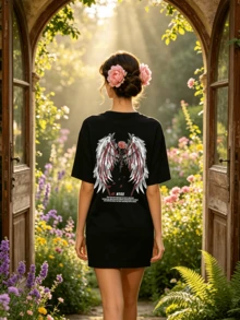 Women's Summer Casual Soft Round Neck Short Sleeve T-Shirt,Rose Wings Print Graphic Suitable For Casual Spring And Summer Wear. - Negro - Ver 2
