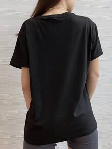 Fashionable Women'S Short-Sleeve Round Neck Top With Letter Print Design.Png - Black - View 2