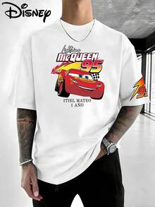Disney Lightning McQueen No. 95 Race Car Short Sleeve T-Shirt With Front And Back Print, Retro Cars Cartoon Motif, Classic Checkered Flag And Flame Sleeve Details, Speed Racing End Design, White Loose-Fit Crew Neck T-Shirt Made From Soft, Breathable 100% Cotton Fabric. Suitable For Disney Fans, Racing Enthusiasts, And Students, Perfect For Everyday Wear, School, Outdoor Activities, And Themed Parties. This T-Shirt Series Utilizes Iconic Disney Cars Elements, The Famous Number 95, And Retro Racing Lines, Combining American Street Style With Cartoon Design And Is Popular With Teens And Families. - trắng - Xem 3