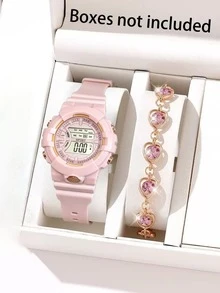 Casual Electronic Watch For Middle And High School Students, Minimalist Versatile Wristwatch And Heart Bracelet Set, Suitable As Back To School, Graduation Season, Valentine's Day Gift - Multicolor - View 16