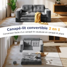 2-Seater Corduroy Modular Foam Sofa Bed, 143x92x61 Cm, Convertible Sleeper Sofa With 2 Cushions, Vacuum Packed - 灰色 - 查看 2