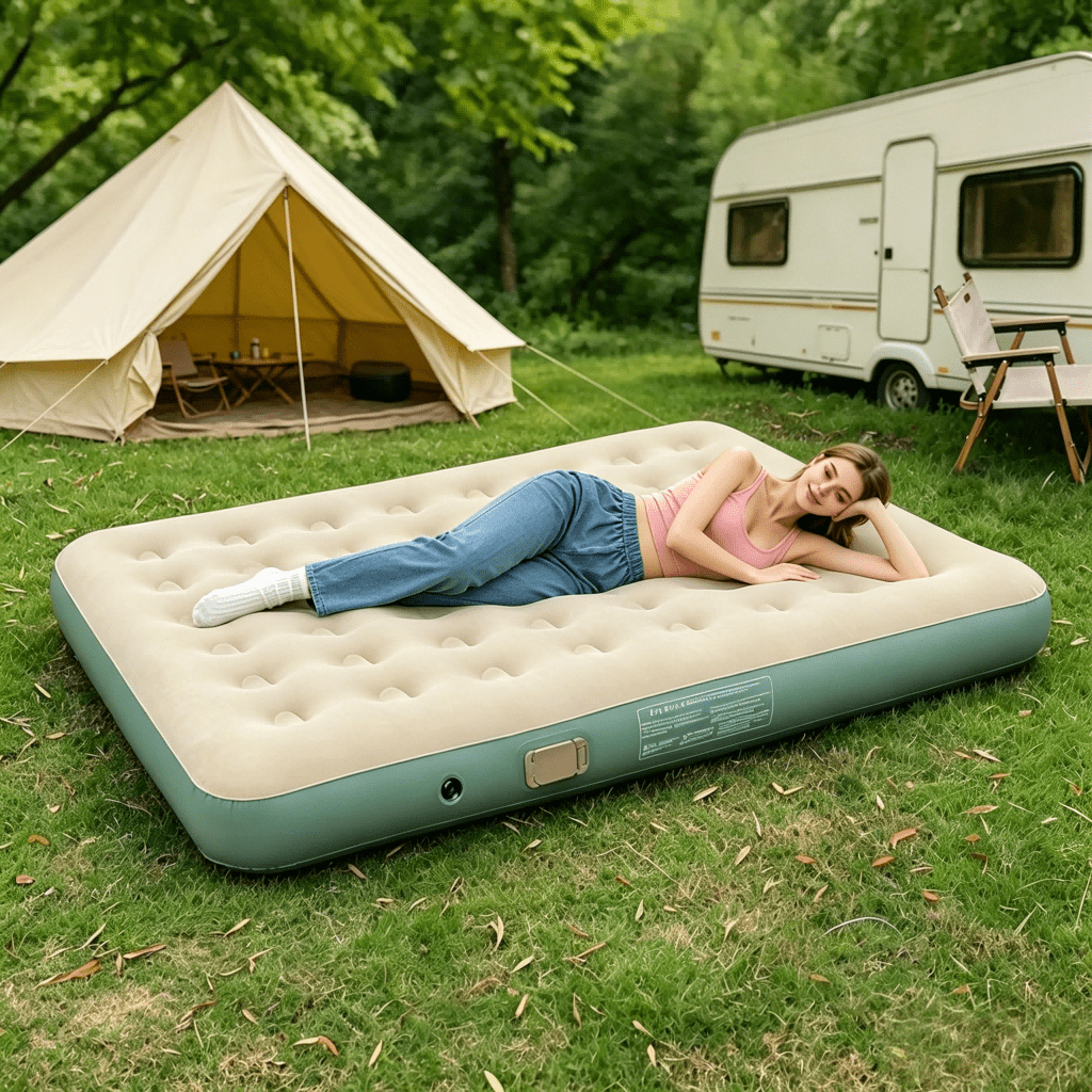 Portable Inflatable Camping Mat, Soft Flocked Durable PVC Air Cushion, Suitable For Single Person Travel And Picnic.