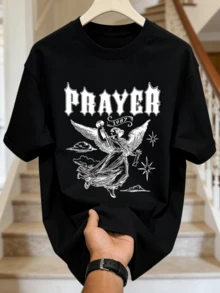 Men's Summer Casual Soft Round Neck Short Sleeve-Shirt,Prayer 1987 Print Graphic Spring And Summer Wear.Black - Black - View 5