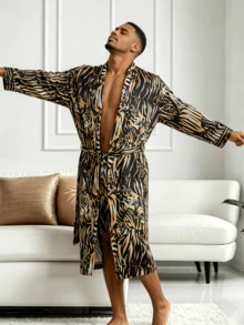 QING ROU 2-Piece Men's Sleepwear Set With Long Robe And Shorts, Tiger Patterned Ice Silk Bathrobe, Suitable For Home Wear, Leisure And Vacation - Multicolor - View 7
