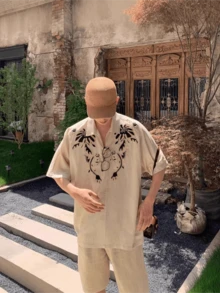 Camisa casual de lino grueso bordada para hombre - Caqui - Ver 2