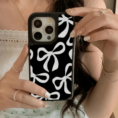 Korean & Japanese Style Glossy Black Bowknot Design Phone Case Compatible With IPhone 17/17 Pro Max, 16/16 Plus, 15 Pro Max, 11, 14 Pro, XR, 15, 14, 13, 12, Niche Elegant Protective Cover