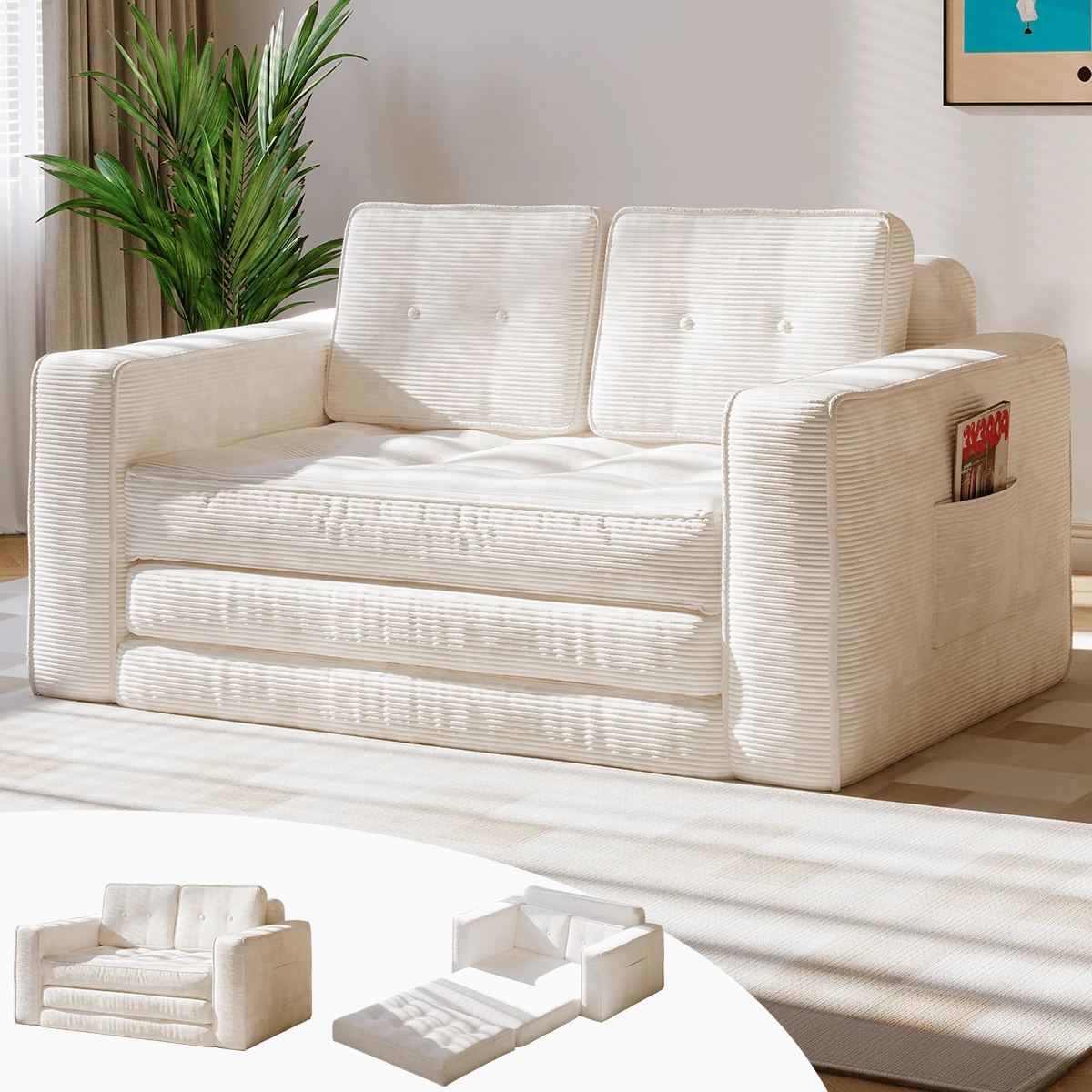 2-Seater Corduroy Modular Foam Sofa Bed, 143x92x61 Cm, Convertible Sleeper Sofa With 2 Cushions, Vacuum Packed - Beige - View 1