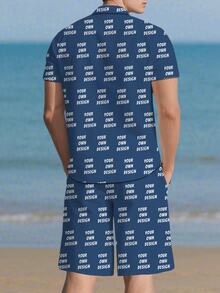 Custom Men's Hawaiian Shirt And Shorts Set, Button-Down Shirt With Cuban Collar + Beach Shorts Combination, Personalized Men's Holiday Outfit, Can Be Printed With Funny Interesting Face Design, Suitable For Daily, Events, Holiday Wear, Anniversary, Birthday Or Holiday Gift For Boyfriend, Family, Friends - Multicolor - View 3