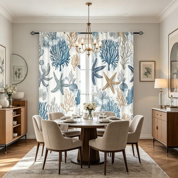 2pcs Ocean Theme Coastal Starfish Curtains, 100% Polyester Material, Blue And White Marine Life Pattern. With Curtain Rod Pocket, Easy To Install, Perfect For Kitchen And Bathroom Decor Curtains, Suitable For All Seasons, Summer Decor Curtains
