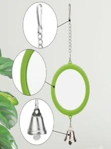1 Set Bird Toy, Bird Mirror, Hanging Chain Style, For Small/Medium Parrots, Parrot Bell Toy, Cage Perch Accessories, Suitable For Bird Training - Green - View 6