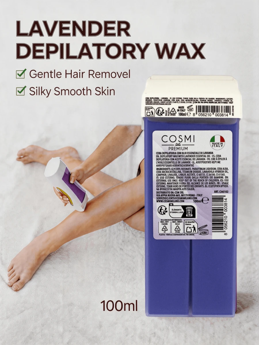 COSMI MILANO Made In Italy Fat-Soluble Depilatory Wax 100ml Cartridge, Enriched Effective And Precise Hair Removal, Compatible With Roller Wax Heater, Uniform Application, Suitable For Legs, Arms And Body, Good Adhesion To Hair, Practical For Home Hair Removal, Professional Body Care Available In Different Models, Ideal For Summer Hair Removal. - PROFUMO DI LAVANDA - 查看 1