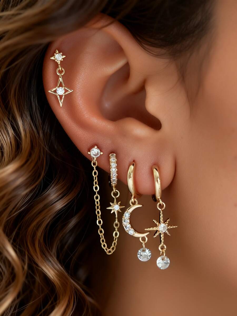 4pcs Cubic Zirconia Earring Set, Star & Moon Chain Clip-On Stud Dangle Earrings, Suitable For Women's Daily, Date, Party Wear - Yellow Gold - View 1
