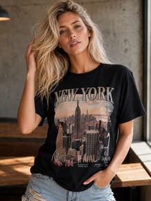 ampado del Skyline de Nueva York, Ropa de Verano para Mujer, Camiseta Oversize de Algodón de Manga Corta, Estilo Urbano, Tops de Moda para Mujer, Camisetas Holgadas de Verano, Atuendo Diario - Negro - Ver 3