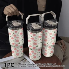 1/5個 30盎司保溫旅行隨行杯，柔粉色雛菊迷你愛心圖案，可折疊攜帶把手，雙功能防漏杯蓋，可重複使用不鏽鋼杯，適合花卉愛好者年輕女性的節日與生日禮物 - 白底粉花 - 查看 5