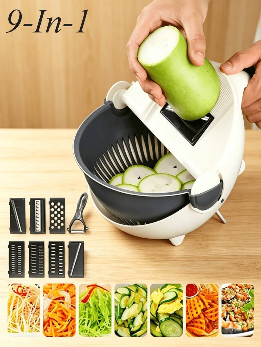 9-In-1 Multi-Functional Manual Slicer & Grater, Home Kitchen Vegetable Slicer, Fruit & Veggie Cutter, Space-Saving Design, Multiple Blades For Slicing, Shredding, Peeling, Essential Kitchen Tool, Outdoor Picnic Accessory, Kitchen Gift