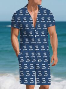 Custom Men's Hawaiian Shirt And Shorts Set, Button-Down Shirt With Cuban Collar + Beach Shorts Combination, Personalized Men's Holiday Outfit, Can Be Printed With Funny Interesting Face Design, Suitable For Daily, Events, Holiday Wear, Anniversary, Birthday Or Holiday Gift For Boyfriend, Family, Friends - Multicolor - View 2