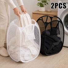 1 buah/2 buah Keranjang Cucian Jaring Lipat, Keranjang Cucian Pop-Up Hitam & Putih dengan Kantong Samping, Tempat Penyimpanan Pakaian Lipat yang Bernapas, Cocok untuk Kamar Tidur, Kamar Mandi, Asrama, Ruang Cuci - MultiWarna - View 2