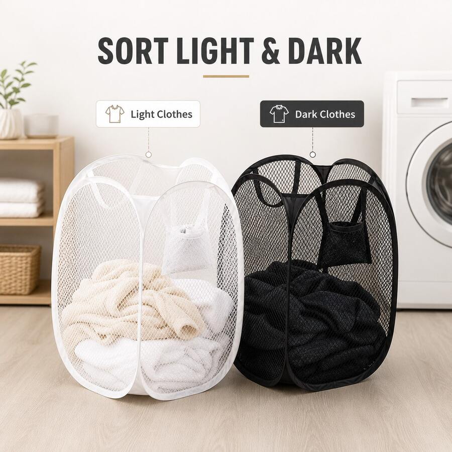 1 buah/2 buah Keranjang Cucian Jaring Lipat, Keranjang Cucian Pop-Up Hitam & Putih dengan Kantong Samping, Tempat Penyimpanan Pakaian Lipat yang Bernapas, Cocok untuk Kamar Tidur, Kamar Mandi, Asrama, Ruang Cuci - MultiWarna - View 1