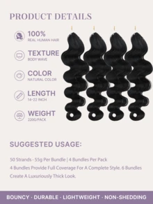 Y WIGS Miracle Knots 人類鉤編髮 200 股 14-20 英吋 自然色 波浪捲 預分束 100% Remy 人類頭髮 輕盈耐用 羽毛鉤編髮 適用於運動、聖誕節、日常與節日 - Natural Black - 查看 3