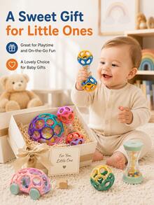 Baby Rattle Ball With Handle - Colorful Shaking Rolling Sensory Toy, Easy-To-Grip Baby Rattle Ball - Multicolor - View 7