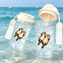 1/5 Stück 500ml süße Otter Händchen haltend Muster Plastikbecher mit Strohhalm, Tragegriff und auslaufsicheren Deckel, transparenter Eiskaffeebecher, niedliches Otter-Paar Design, ideal für den täglichen Gebrauch, tolles Geschenk für Tierliebhaber und Mädchen - Mehrfarbiger Otter - Übersicht 6
